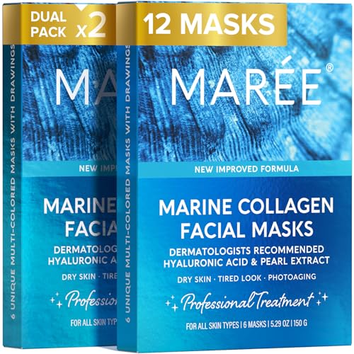 MAREE Collagen Facial Mask with Hyaluronic Acid — Sheet Face Mask Skincare — Centella Asiatica, Green & Red Algae Extract — Hydrating Facemask For Women Skin Care — Mascarillas Para La Cara — 12 Count