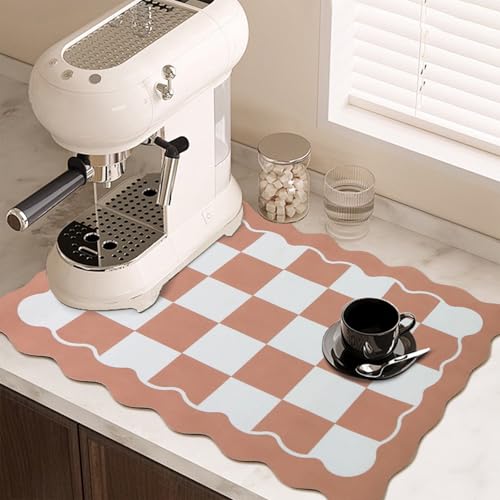 CQKEDMA Scalloped Checkered Dish Drying Mats for Kitchen Counter, Cute Coffee Mat, Absorbent, Non-Slip Rubber, Kitchen Decor (12"x19", Terracota)