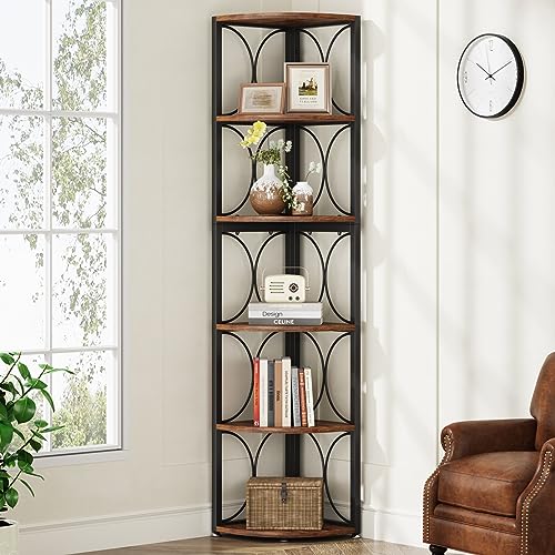 Tribesigns 67 inch Tall Corner Shelf, 6 Tier Rustic Corner Bookshelf Bookcase Storage Rack Standing Shelving Unit for Living Room, Small Space