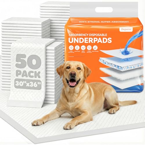 doporro 6-Layer Puppy Pads Extra Large 36x30, 50 Count Super Absorbent Dog Pee Pads with Adhesive Tapes, Leakproof Disposable Pet Training Pads for Large Dogs, Furniture & Floor Protection