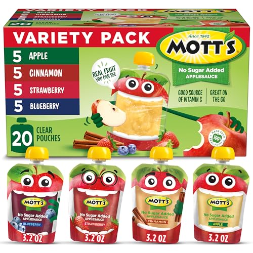 Mott's No Sugar Added Applesauce Variety Pack, 4 Flavors – Apple, Strawberry, Cinnamon & Blueberry, Made from Real Fruit, No Artificial Flavors, 3.2 Clear Pouches, 20 Pack