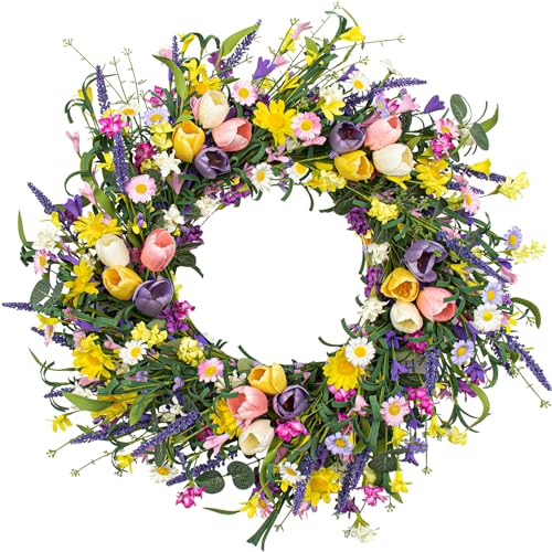 LLZLL Spring Wreath 22 inch Indoor Summer Wreaths Artificial Spring Wreaths for Front Door, Tulip Wreath with Daisy and Lavender for Home Holiday Decor
