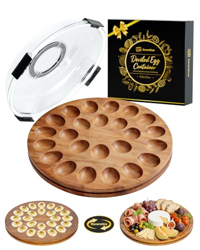 Sevenblue 2026 Easter Deviled Egg Containers with Lid for Party (24 Slots), Easter Gifts for Adults, Portable Acacia Wooden Deviled Egg Tray with Lid/Travel Charcuterie Board, Easter Gifts for Women