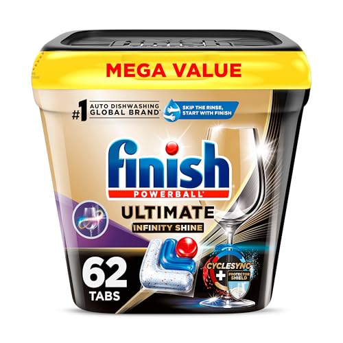Finish Ultimate Infinity Shine Dishwasher Pods, No Pre-Rinse Dishwasher Detergent Soap Removes Burnt-On Stain, with Protector Shield & CycleSync Technology, Degreasing & Scrubbing Power, 62 Count