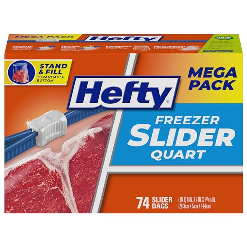Hefty Slider Quart Freezer Bags, 74 Count, Quart Slider Bags for Freezer, Holds Individual Leftovers, Sliced Fruits and Veggies, and More, Writable Label, Secure Zip and Click Closure