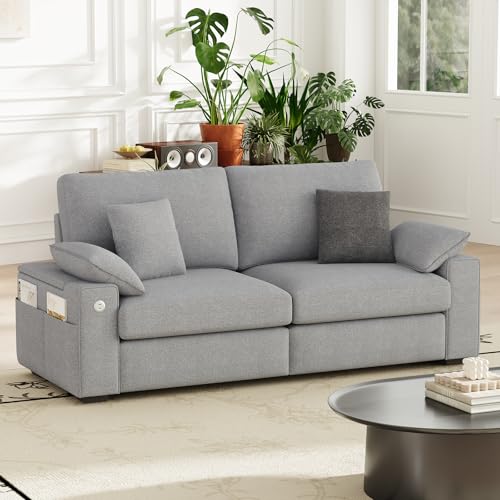 MALOL 76" Loveseat Couch, 3 Seater Upholstered Midcentury Mondern Love Seat with USB Type C Ports, 4 Pillows and Storage Armrest Cloud Foam Sofa for Living Room/Small Spaces, Grey