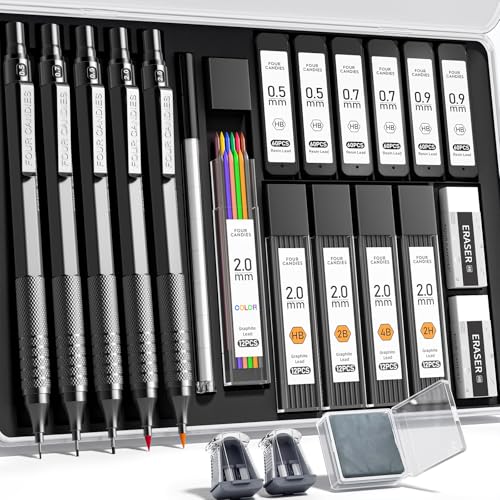 Four Candies Metal Mechanical Pencil Set, 3PCS Art Drafting Pencils 0.5, 0.7, 0.9MM & 2PCS 2MM Mechanical Drawing Pencils with 420PCS Leads (4B 2B HB 2H Color) for Writing Sketching Drawing (Black)