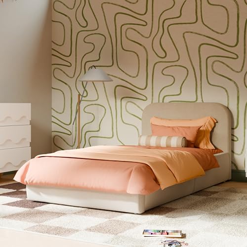 Babyletto Nara Twin Bed for Kids - GREENGUARD Gold Certified Girls & Boys Twin Bed Frames with Headboard - Universal Mattress Fit, No Box Spring Needed - Fully Upholstered in Performance Beach Fabric