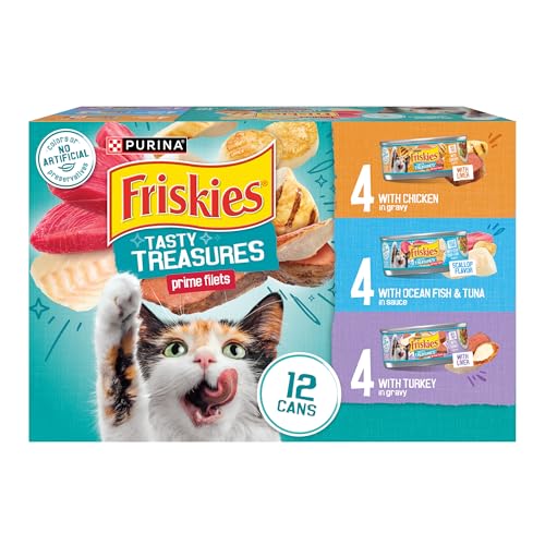 Purina Friskies Wet Cat Food Variety Pack, Tasty Treasures Prime Filets (With Ocean Fish and Tuna, With Chicken and With Turkey) - 5.5 Ounce (Pack of 12)