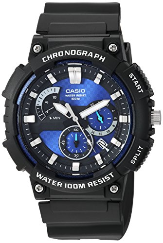 Casio MCW200H Series Men's Analog Watch, Black/Blue, 100M Water Resistant, Retrograde Chronograph, 1/20-Second Stopwatch, Date Display, Multi-Dial Design, Resin Glass, Durable Case and Band, 3-Year Battery