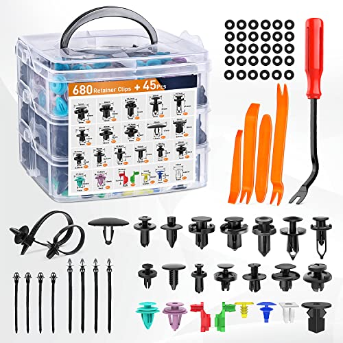 GOOACC 725Pcs Car Push Retainer Clips & Auto Fasteners Assortment -23 Most Popular Sizes Nylon Bumper Fender Rivets with 10 Cable Ties and Fasteners Remover for Toyota GM Ford Honda Chevy