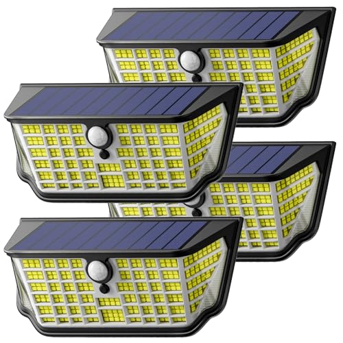 WdtPro Solar Lights Outdoor Waterproof, 300° Angle & 3 Lighting Modes Motion Sensor Outdoor Lights, Solar Security Flood Lights for Outside Fence Wall Yard Front Door Deck Garden Garage 4 Pack
