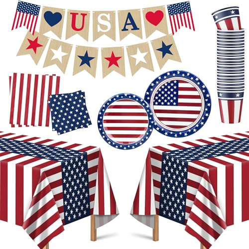 OHOME 4th of July Decorations - Serve 24 - Patriotic Plates Tablecloth Napkins Cups Banner | Fourth of July Accessories for Home Outdoor Memorial Day | 250th Anniversary Flag Party Supplies