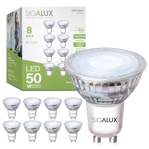 Sigalux GU10 LED Light Bulbs, Dimmable 5000K Daylight White Natural Light, 4.5W 450LM, MR16 LED Bulb Equivalent 50W Halogen Replacement, 35 Degree Spot for Track Light Bulb, Pack of 8