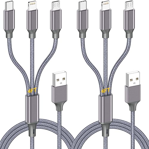 Multi Charging Cable (4ft 2Pack),3 in 1 USB Charging Cable for Multiple Devices,Braided Universal Phone Charger Cord with Type-C/Usb C,Micro USB,IP Port Lightning for iPhone17-5/Android Phones