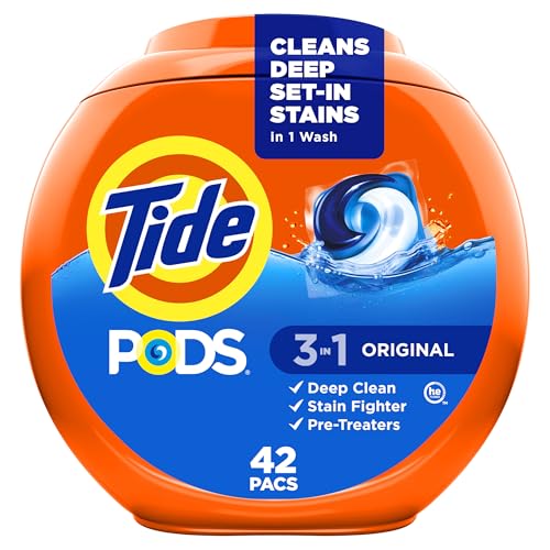 Tide PODS laundry detergent pacs, 3-in-1 Stain Remover, Odor Fighter, Color Protector, 42 Count, HE compatible, Original Scent