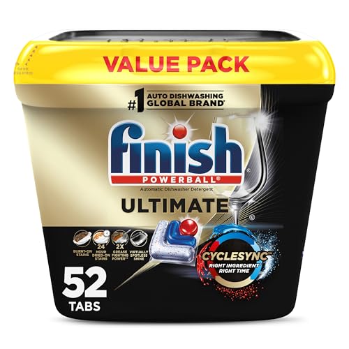 Finish Ultimate Dishwasher Pods, No Pre-Rinse Dishwasher Detergent Soap Removes Burnt-On Stain, with CycleSync Technology, Degreasing & Scrubbing Power, 52 Count (Packaging may vary)