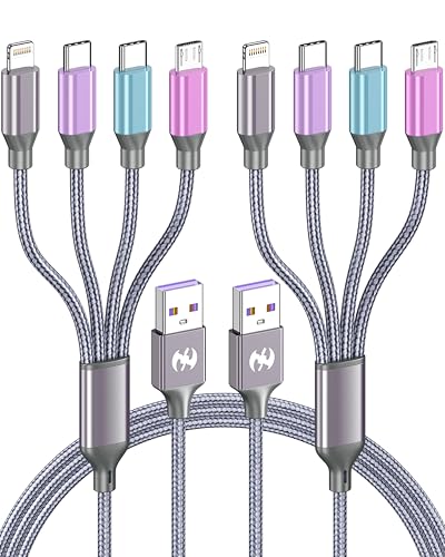 Multi Charging Cable 4ft 2Pack, Doub Tyep-C 4 in 1 Charging cable Nylon Braided Lightning iPhone Charger,Universal Charger Phone Cord With Type-C,Micro USB,IP Port for iPhone17-5/Android -Multicolor