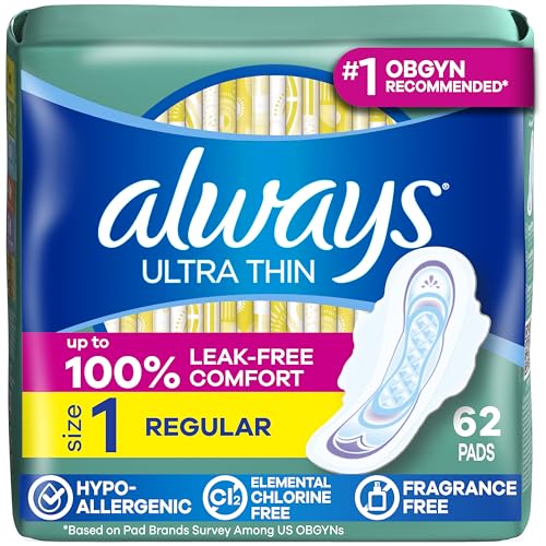 Always Ultra Thin Feminine Pads with Wings for Women, Size 1, Regular Absorbency, Unscented, Up to 100% Leak-Free Protection, 62 Count