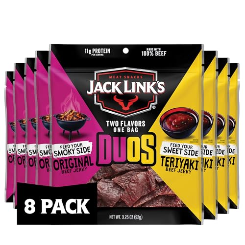 Jack Link's DUOs Original and Teriyaki Beef Jerky, Shareable Under 100 Calories Snack Packs with 11g of Protein, Bulk Pack of Individual Bags of Meat Snacks – 3.25oz (8 Count)