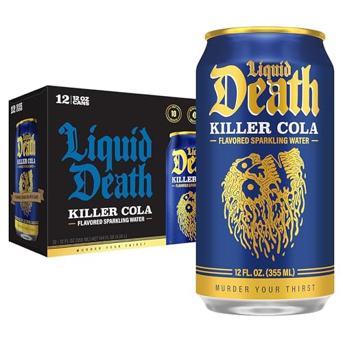 Liquid Death Soda-Flavored Sparkling Water - Killer Cola, Less Sugar*, Huge Flavor, No Caffeine, No Artificial Sweeteners, 12 Fl Oz (Pack of 12)
