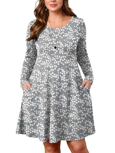 AusLook Plus Long Sleeve Dress for Women 2025 Fall Winter Casual Flowy A-Line Boho Midi Party Vacation Maternity Wedding Guest Work Grey Sakura 1X Dresses with Pockets