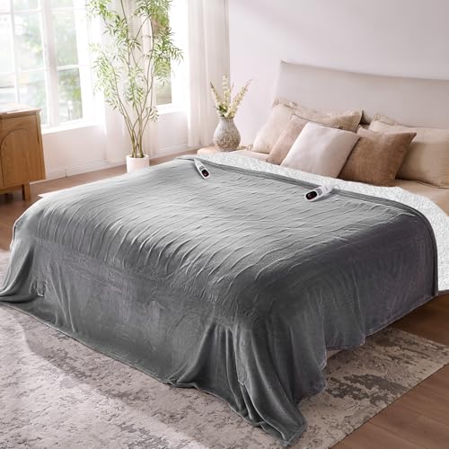 Yokimisu Electric Blanket King- Soft Heating Blanket, Dual Control & 9 Heat Levels, 10H Timer, Soft Flannel to Sherpa, Fast Heating Electric Throw, Machine Washable, Gift for Mom, Dad, 90"x100" Grey
