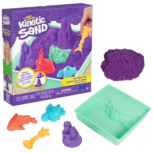 Kinetic Sand, Sandbox Set with 1lb Purple Play Sand, 4 Tools & Molds, Storage, Sensory Toys for Kids Ages 3 and up