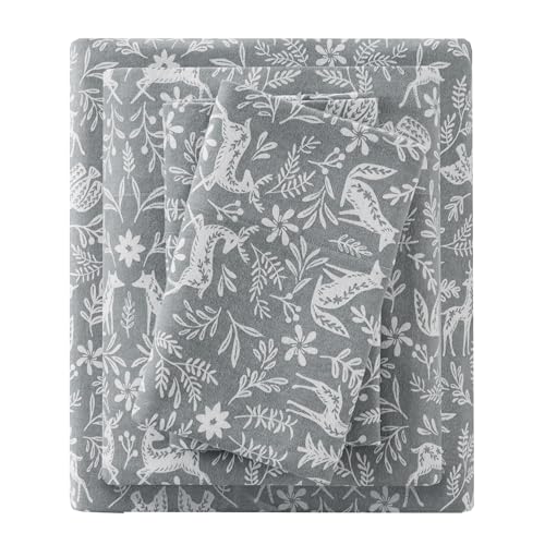 True North by Sleep Philosophy Flannel Sheets King Size, Cozy 100% Cotton Flannel Bed Sheets, Ultra Soft Cute Sheet Set, Novelty Print Themed Cold Weather Warm Bedding Set, Sage Winter Fauna, 4 Piece