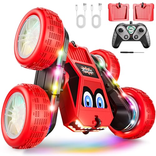 WayEee Remote Control Car, 360° Flips RC Stunt Car with LED Lights Strips, Type-C Charge Modular Battery, 2.4 GHZ Double Sided High Speed RC Cars for Boys Age 8-12 Girls 3+ Kids Toys Birthday Gifts
