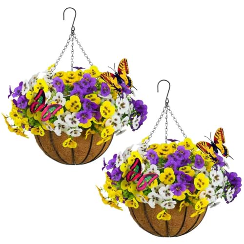 SupBri Artificial Pansies Flowers with Hanging Basket & 2 Fake Butterflies, Silk Flowers for Outdoor Spring Summer Decor, UV Resistant Hanging Plants for Garden Patio (2 Set