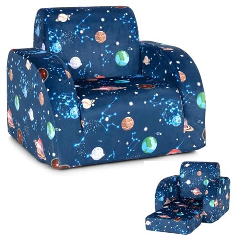 Costzon Kids Couch, 3 in 1 Convertible Flip Open Children's Sofa w/Foam-Padded Seat, Toddler Armrest Chair Bed for Nap Play Sleep, Fold Out Lounger Kids Sofa, Gift for Children Boys Girls (Planet)