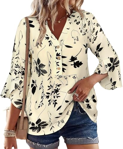 LOOKBOHO Boho Tops for Women 3/4 Sleeve Ruffle Sleeve Tops Dressy Casual Button V-Neck Business Shirts Black M