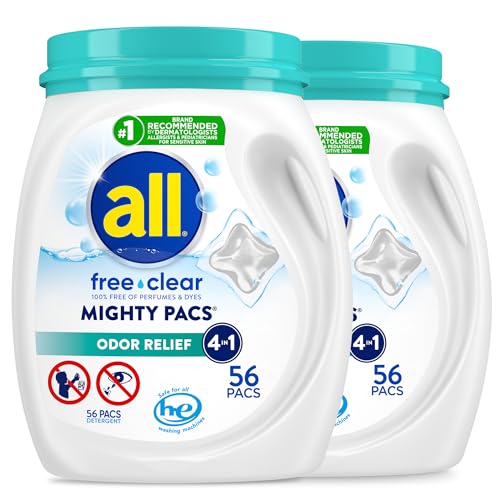 all free clear MIGHTY PACS Odor Relief, Laundry Detergent Pacs, 56 Count (Pack of 2), Unscented and Hypoallergenic for Sensitive Skin, Dermatologist Tested, HE Safe