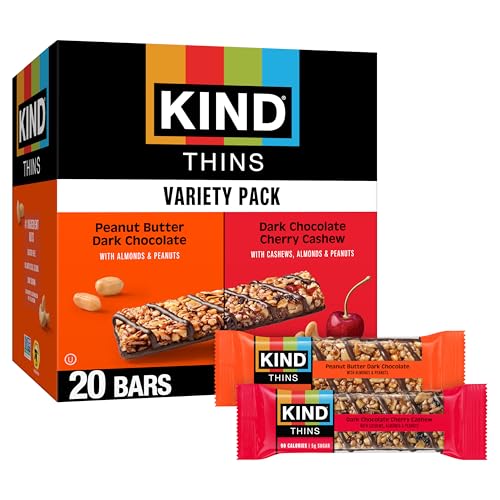 KIND Thins Snack Bars Variety Pack, Gluten Free, Low Calorie, Healthy Snacks, Peanut Butter Dark Chocolate, Dark Chocolate Cherry Cashew, 4-5g Sugar, 20 Count