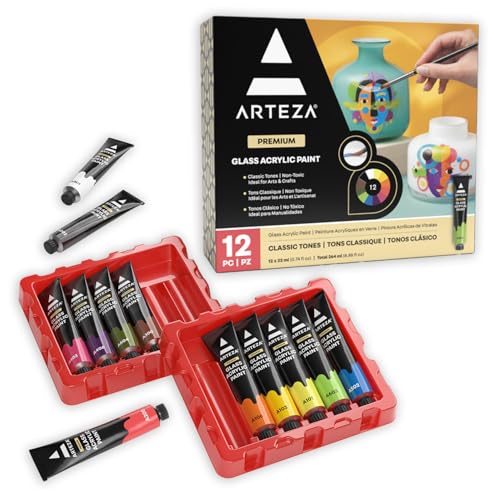 ARTEZA Glass Paint – Acrylic Paint Set of 12 Classic Colors, 0.74 Fluid Ounce Tubes, for Glass and Ceramics, for Artists, Crafters and Beginners