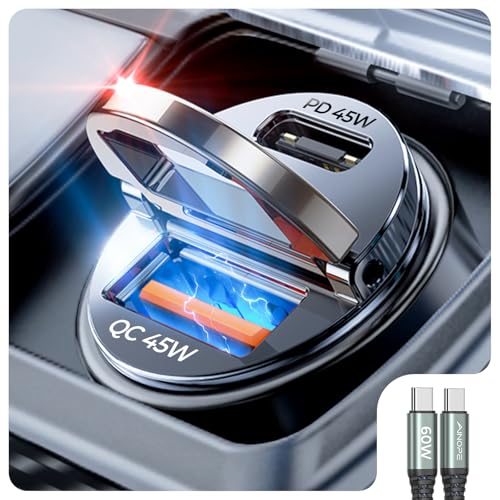 AINOPE 90W for iPhone 17/16/15 Pro Max Car Charger USB C Fast Chage, [Mini&Metal] Invisible Cigarette Lighter Adapter with 3FT USB C to C Cable, Car Accessories for Mother Him Her, Adapter for iPhone
