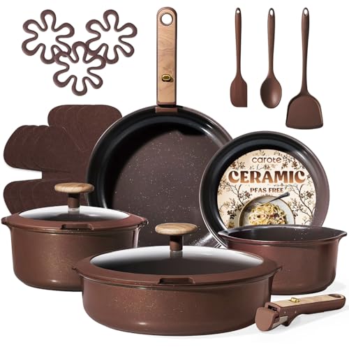 CAROTE Pots and Pans Set, Ceramic Cookware Set Non Stick with Detachable Handle, RV Kitchen Cooking Set, Induction & Oven Safe, Non-Toxic, PFAS and PFOA Free, Dark Choco, 19 Pcs