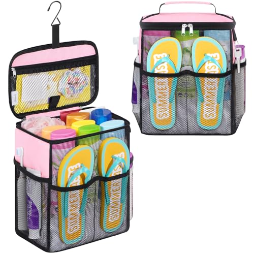 Lifewit Shower Caddy Portable, Toiletry Bag with Handle and 3 Mesh Pockets, Quick Dry Hanging Organizer for Bathroom, Gym, Travel, Camping, College Dorm Room Essentials for Women Men, Pink