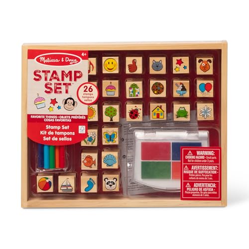Melissa & Doug Wooden Stamp Set, Favorite Things - 26 Wooden Stamps, 4-Color Stamp Pad