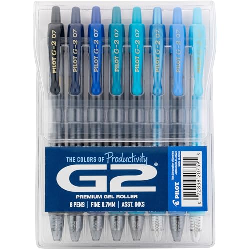 PILOT, G2 Premium Gel Roller Pens, G2 Boost Blues Pack, The Colors of Productivity, 8 Pack Pouch, Fine Point 0.7 mm, Assorted