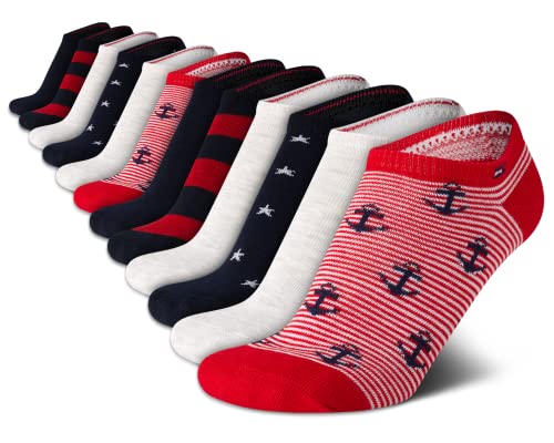 Tommy Hilfiger Womens No Show Socks -12 Pack Cotton Blend Lightweight Athletic Performance Cushioned Running Socks for Women, Size 4-10, Red Assorted