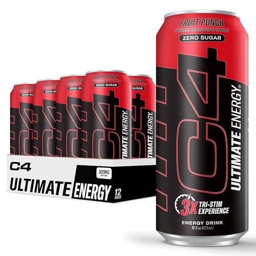 C4 Ultimate Zero Sugar Energy Drink, Tri-Stim Experience with 300mg Caffeine + TeaCrine + Dynamine, Fruit Punch, 16oz (Pack of 12)
