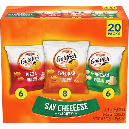 Goldfish Crackers Say Cheeeese Variety Pack with Cheddar, Pizza and Parmesan, Snack Packs, 20 Ct (18.8 Ounces)