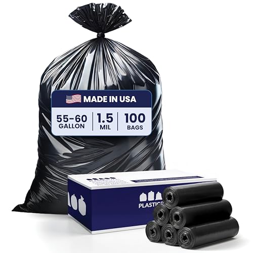 Plasticplace 55-60 Gallon Trash Bags, Heavy Duty, Black Garbage Can Liners, Puncture-Resistant Star Seal, 38" x 58", 100 Count for Warehouse, Kitchen, and Outdoor Use 1.5 Mil