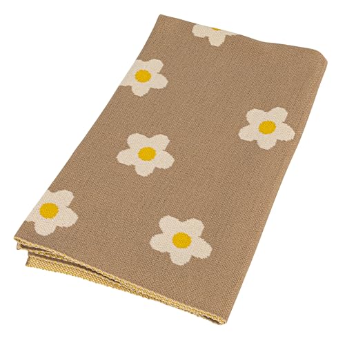 Creative Co-Op Cotton Knit Baby Blanket with Printed Flowers, Brown and White