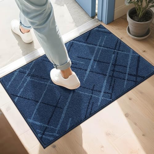 COSY HOMEER Front Door Mat Low Profile Non-Slip Doormat for Entryway, Absorbent Dirt Trapper Washable Entrance Mat, Sturdy Polyester Doormats (32"x20", Blue)