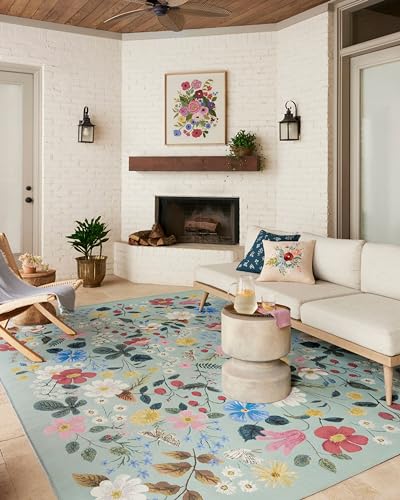 Loloi Rifle Paper Co. Perennial Collection Strawberry Fields PRN-02 Mint 5'-3" x 7'-8" Indoor/Outdoor Area Rug