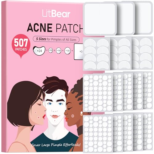 LitBear Pimple Patches for Face, Large Acne Patch, XL Hydrocolloid Bandages,Zit Stickers for Forehead, Chin, Nose, Body, Back, and Chest, Includes Crescent, Square, and Dot (5 Sizes, 507 Patches)