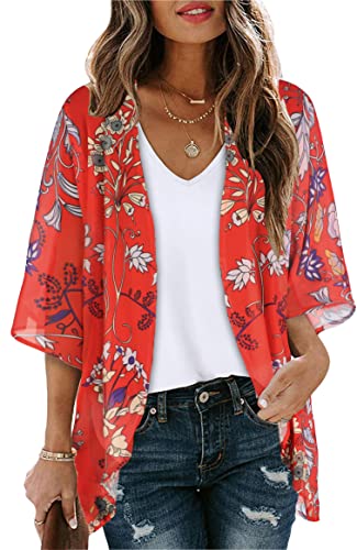 Summer Kimono Cardigan for Women Sheer Boho Tops Casual Open Front Swimwear Shirts Beach Cover ups (Boho Red,L)